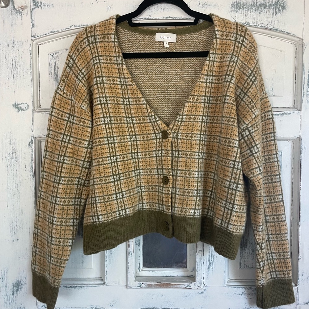 Bohme Olive & Tan Plaid V-Neck Button Cardigan Sweater